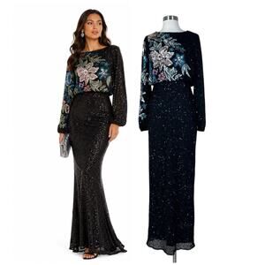 NEW Mac Duggal | Black Floral Beaded Sequin Long Sleeve Formal Gown NWT Size 4